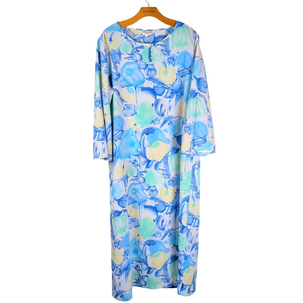 Diamond Tea Vintage Watercolor Floral Maxi Dress Large Blue Green Loungewear 90s